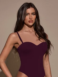 SHEIN BAE Women's Solid Color Sexy Bodysuit With Spaghetti Straps, Summer - Red Violet - View 4