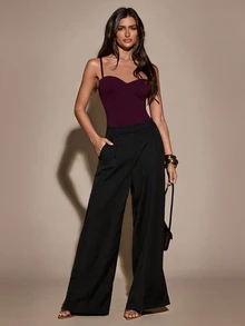 SHEIN BAE Women's Solid Color Sexy Bodysuit With Spaghetti Straps, Summer - Red Violet - View 7