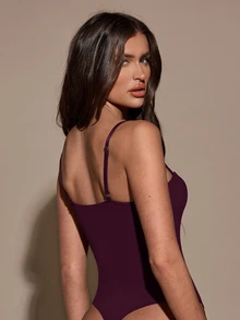 SHEIN BAE Women's Solid Color Sexy Bodysuit With Spaghetti Straps, Summer - Red Violet - View 2
