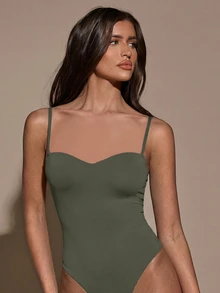 SHEIN BAE 女款休閒性感純色無袖連身衣，夏季外出穿搭，橄欖綠 - 軍綠色 - 查看 7