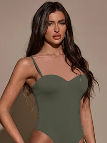 SHEIN BAE 女款休閒性感純色無袖連身衣，夏季外出穿搭，橄欖綠 - 軍綠色 - 查看 5