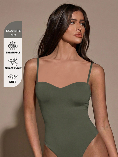SHEIN BAE بودي سوت نسائي كاجوال مثير بلون موحد بدون أكمام، صيفي للخروج باللون الأخضر الزيتوني