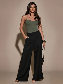 SHEIN BAE 女款休閒性感純色無袖連身衣，夏季外出穿搭，橄欖綠 - 軍綠色 - 查看 8