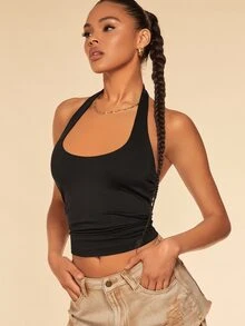 SHEIN BAE 女款休閒露背掛脖緊身上衣，免穿內衣，女款日常夏季上衣 - 黑色 - 查看 4