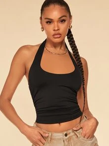 SHEIN BAE 女款休閒露背掛脖緊身上衣，免穿內衣，女款日常夏季上衣 - 黑色 - 查看 6