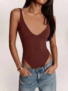 SHEIN BAE Bodysuit Tank Top Kasual Warna Polos untuk Wanita - Coklat - View 5
