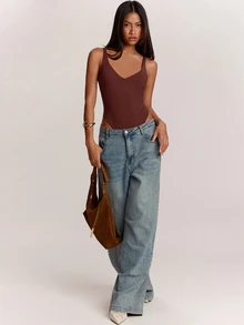 SHEIN BAE Bodysuit Tank Top Kasual Warna Polos untuk Wanita - Coklat - View 3