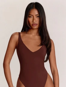 SHEIN BAE Bodysuit Tank Top Kasual Warna Polos untuk Wanita - Coklat - View 7