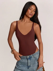 SHEIN BAE Bodysuit Tank Top Kasual Warna Polos untuk Wanita - Coklat - View 4