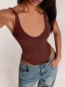 SHEIN BAE Bodysuit Tank Top Kasual Warna Polos untuk Wanita - Coklat - View 6