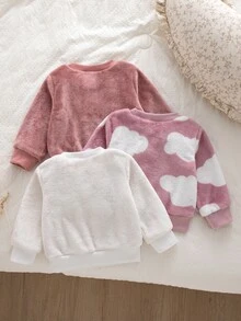 3pcs Baby Toddler Girls Pullover Sweatshirt Cute Sweet Pink Heart Patch Cloud Eyelash Long Sleeve Round Neck Fuzzy Party Winter Fall Christmas Ribbed - Dusty Pink - View 8