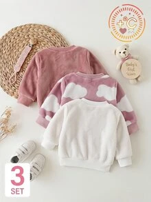 3pcs Baby Toddler Girls Pullover Sweatshirt Cute Sweet Pink Heart Patch Cloud Eyelash Long Sleeve Round Neck Fuzzy Party Winter Fall Christmas Ribbed - Dusty Pink - View 2