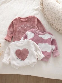 3pcs Baby Toddler Girls Pullover Sweatshirt Cute Sweet Pink Heart Patch Cloud Eyelash Long Sleeve Round Neck Fuzzy Party Winter Fall Christmas Ribbed - Dusty Pink - View 7