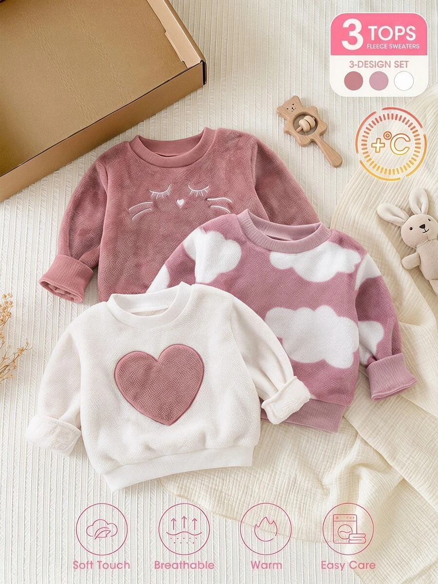 3pcs Baby Toddler Girls Pullover Sweatshirt Cute Sweet Pink Heart Patch Cloud Eyelash Long Sleeve Round Neck Fuzzy Party Winter Fall Christmas Ribbed - Dusty Pink - View 1
