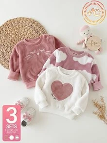 3pcs Baby Toddler Girls Pullover Sweatshirt Cute Sweet Pink Heart Patch Cloud Eyelash Long Sleeve Round Neck Fuzzy Party Winter Fall Christmas Ribbed - Dusty Pink - View 4