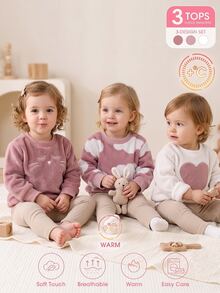 3pcs Baby Toddler Girls Pullover Sweatshirt Cute Sweet Pink Heart Patch Cloud Eyelash Long Sleeve Round Neck Fuzzy Party Winter Fall Christmas Ribbed - Dusty Pink - View 3