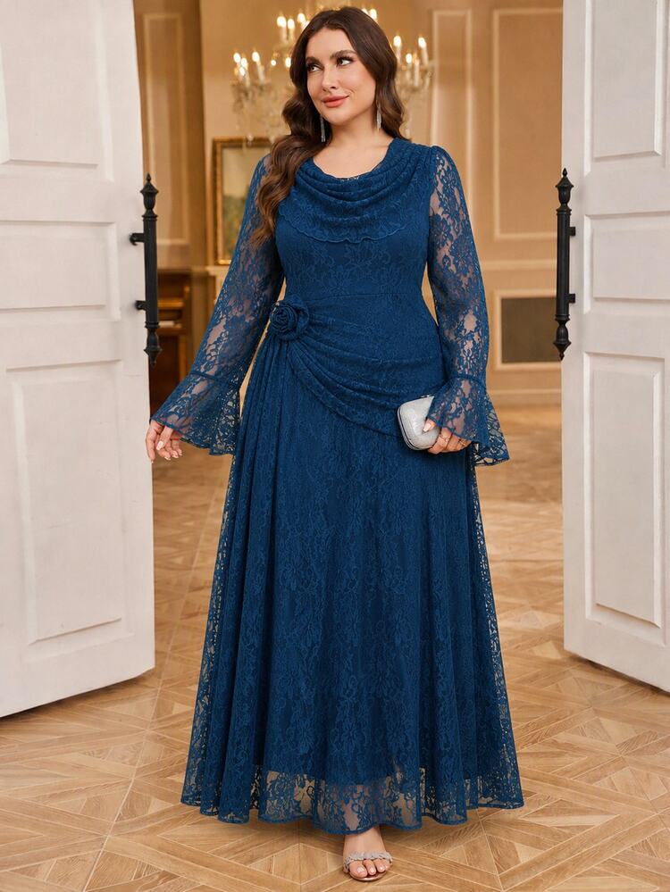Reflora Plus Size Women's Cowl Neck Flared Sleeve Lace Elegant Dress Autumn Wedding Formal Christening Guest Royal Blue - Blue - View 7