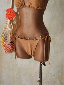 SHEIN ICON Women Applique Pleated Halter Ruched Split Bikini Set, Y2k Clothes Women, Western Wear Women - Khaki - View 5