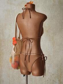 SHEIN ICON Women Applique Pleated Halter Ruched Split Bikini Set, Y2k Clothes Women, Western Wear Women - Khaki - View 2