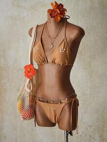 SHEIN ICON Women Applique Pleated Halter Ruched Split Bikini Set, Y2k Clothes Women, Western Wear Women - Khaki - View 3