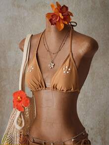SHEIN ICON Women Applique Pleated Halter Ruched Split Bikini Set, Y2k Clothes Women, Western Wear Women - Khaki - View 4