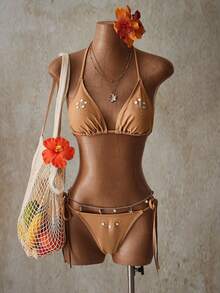 SHEIN ICON Women Applique Pleated Halter Ruched Split Bikini Set, Y2k Clothes Women, Western Wear Women - Khaki - View 8