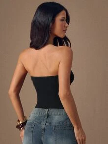 SHEIN BAE 黑色極簡性感平口連身衣，基礎款，春夏適用，海灘、夜店、外出穿搭，2000年代風，上衣，緊身胸衣，短版穿搭 - 黑色 - 查看 2