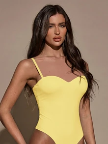 SHEIN BAE 女士优雅纯色无袖连体衣，夏季 - 芥末黃 - 查看 5