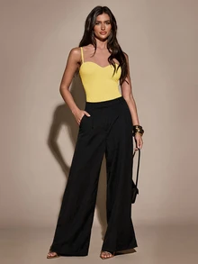 SHEIN BAE 女士优雅纯色无袖连体衣，夏季 - 芥末黃 - 查看 7