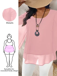 SHEIN LUNE 大码女式大码盖袖透明优雅衬衫 - 粉色 - 查看 5