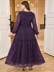 SHEIN Clasi Plus Size Elegant Solid Color Lace Dress Autumn Wedding Formal Christening Guest Dark Purple - Apricot - View 3