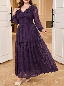 SHEIN Clasi Plus Size Elegant Solid Color Lace Dress Autumn Wedding Formal Christening Guest Dark Purple - Apricot - View 8