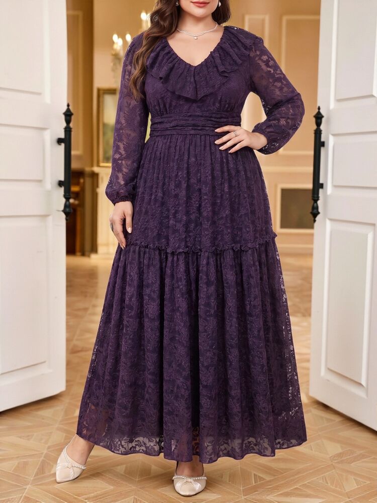 SHEIN Clasi Plus Size Elegant Solid Color Lace Dress Autumn Wedding Formal Christening Guest Dark Purple - Apricot - View 6