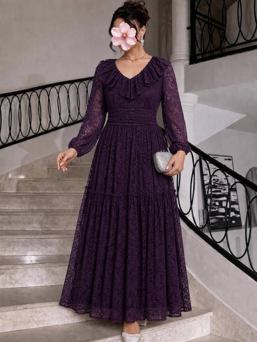 Reflora Plus Size Elegant Solid Color Lace Dress Autumn Wedding Formal Christening Guest Dark Purple - Apricot - View 1