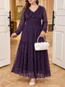 SHEIN Clasi Plus Size Elegant Solid Color Lace Dress Autumn Wedding Formal Christening Guest Dark Purple - Apricot - View 7