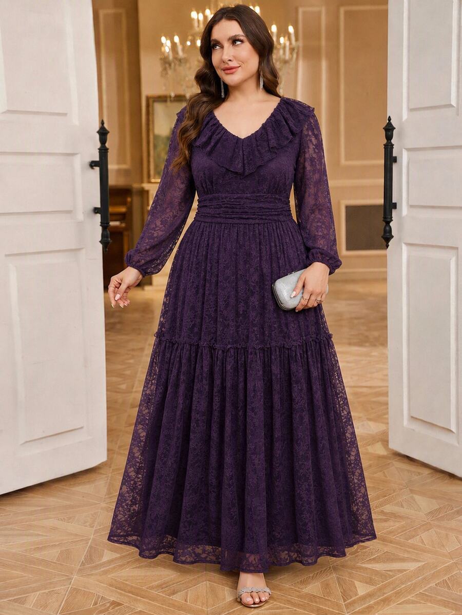 SHEIN Clasi Plus Size Elegant Solid Color Lace Dress Autumn Wedding Formal Christening Guest Dark Purple - Apricot - View 1