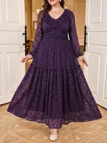 SHEIN Clasi Plus Size Elegant Solid Color Lace Dress Autumn Wedding Formal Christening Guest Dark Purple - Apricot - View 2