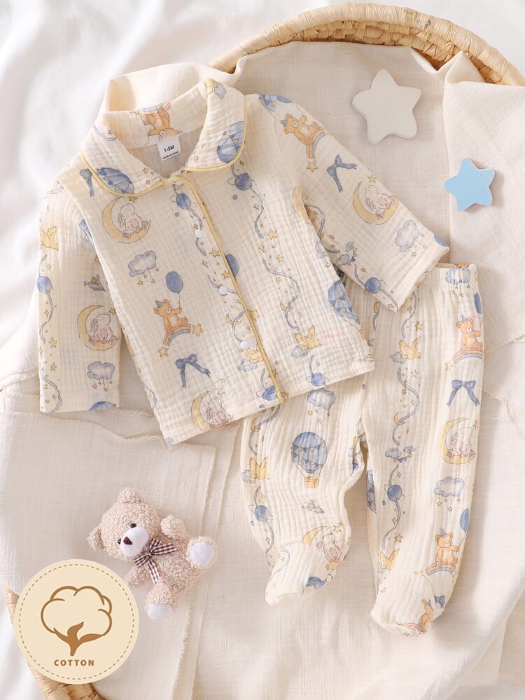 Newborn Pink Sweet Cute Bow Pattern Long Pants Long Sleeve Casual Comfortable 2-Piece Set Loungewear - Apricot - View 4