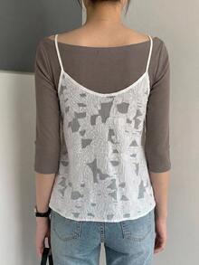 DAZY Women's Large Scoop Neck Fitted Short Sleeve Elegant T-Shirt Grey Spring Summer - Brown - View 5
