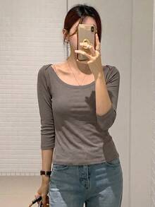DAZY Women's Large Scoop Neck Fitted Short Sleeve Elegant T-Shirt Grey Spring Summer - Brown - View 3