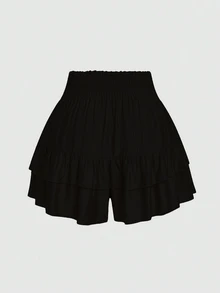 SHEIN LUNE Plus Size Holidaya Paperbag Waist Ruffle Hem Wide Leg Shorts - Black - View 2