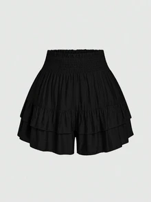 SHEIN LUNE Plus Size Holidaya Paperbag Waist Ruffle Hem Wide Leg Shorts - Black - View 1