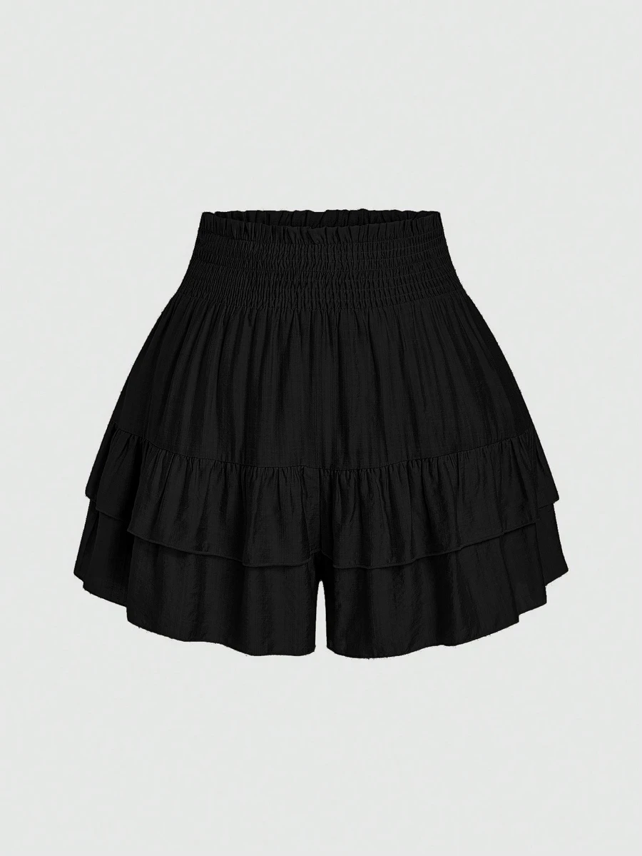 SHEIN LUNE Plus Size Holidaya Paperbag Waist Ruffle Hem Wide Leg Shorts - Black - View 1