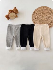 SHEIN Baby Girl Baby Boy 3pcs/Set Composite Fleece Elastic Ribbed Fabric Fitted Leggings Suitable For Winter - Multicolor - View 5
