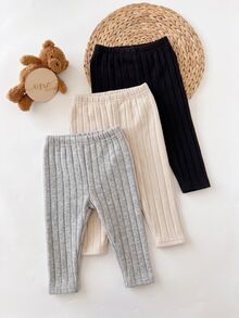 SHEIN Baby Girl Baby Boy 3pcs/Set Composite Fleece Elastic Ribbed Fabric Fitted Leggings Suitable For Winter - Multicolor - View 4