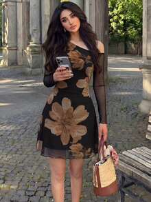 Modelyn 網格印花不對稱領口百褶優雅性感夏季女款洋裝 - 咖啡 - 查看 6