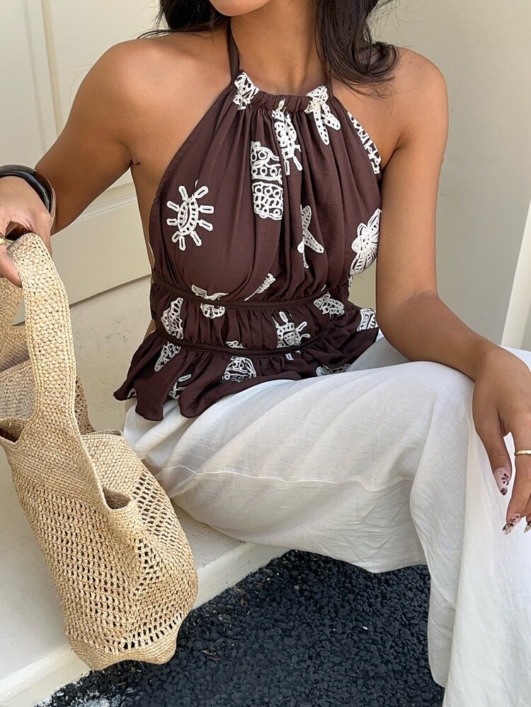 Aloruh Women's Brown And White Polka Dot Shell Embroidery Backless Halter Top,Summer Boho Beach Holiday Vacation Outfits,Y2K 2000s Style Tropical Cute Tops - Coffee Brown - View 6