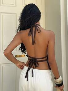 Aloruh Women's Brown And White Polka Dot Shell Embroidery Backless Halter Top,Summer Boho Beach Holiday Vacation Outfits,Y2K 2000s Style Tropical Cute Tops - Coffee Brown - View 2