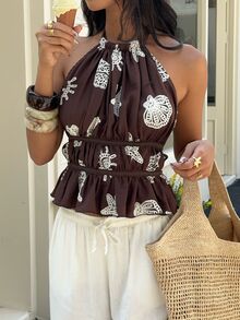 Aloruh Women's Brown And White Polka Dot Shell Embroidery Backless Halter Top,Summer Boho Beach Holiday Vacation Outfits,Y2K 2000s Style Tropical Cute Tops - Coffee Brown - View 7
