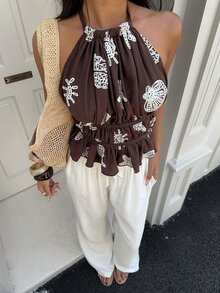 Aloruh Women's Brown And White Polka Dot Shell Embroidery Backless Halter Top,Summer Boho Beach Holiday Vacation Outfits,Y2K 2000s Style Tropical Cute Tops - Coffee Brown - View 4